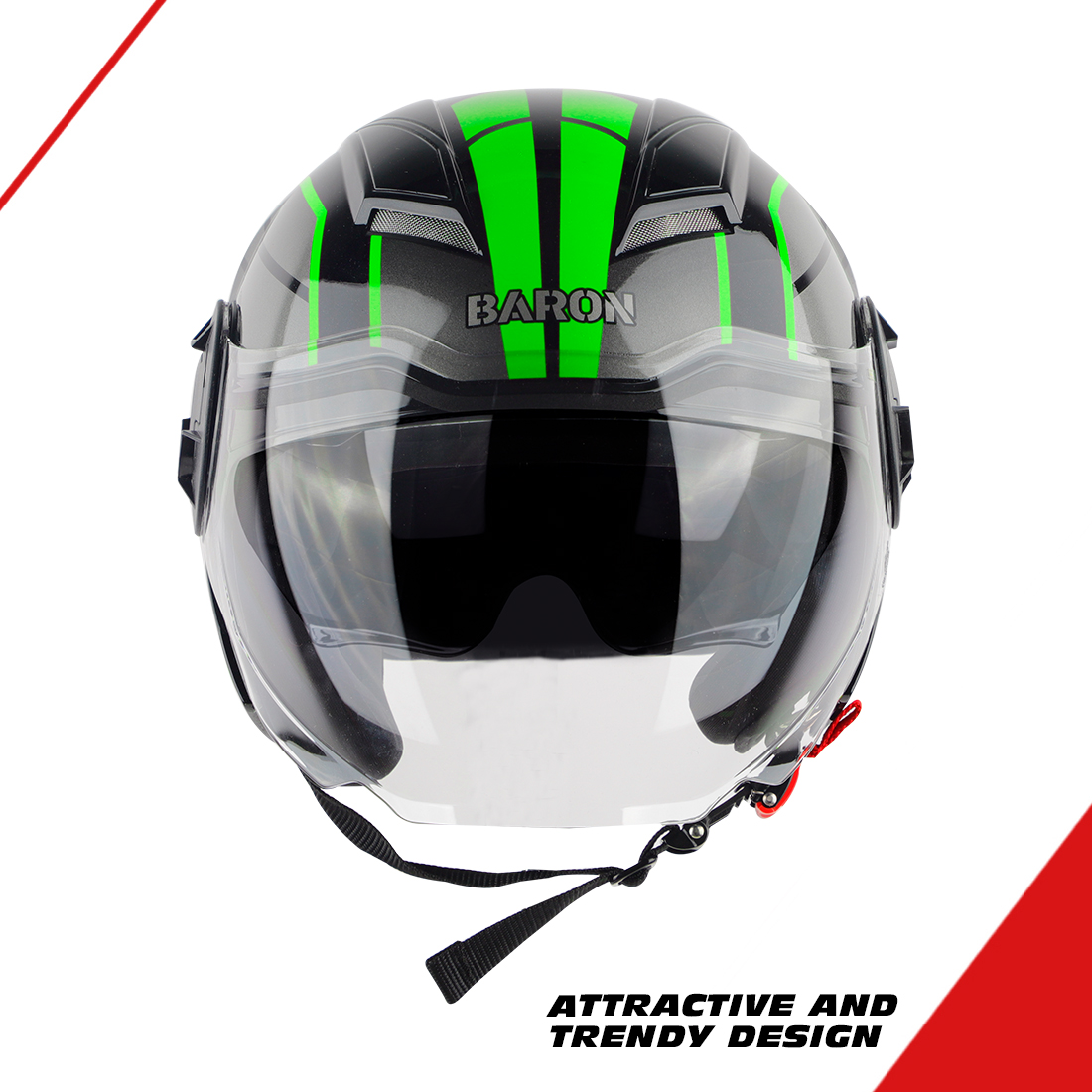 Steelbird SBH-31 Baron 24 ISI Certified Open Face Helmet For Men And Women With Inner Sun Shield(Dual Visor Mechanism) (Glossy Black Green)